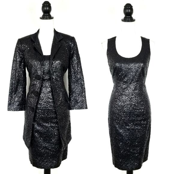 ECCOCI Black Sequin Sheath Dress & Jacket 2 Piece Matching Set Size 4 - Picture 1 of 8